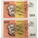 AUSTRALIA 1993 . TWENTY 20 DOLLAR BANKNOTES . FRASER/EVANS . CONSECUTIVE SEVEN . FIRST PREFIX AAA